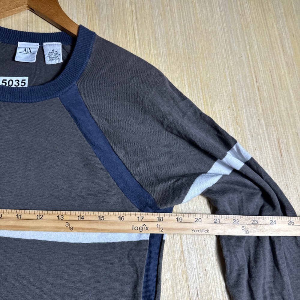 Armani Exchange Sweater Mens Medium Grey Blue 90s Stripe Raglan Long Sleeve - Picture 6 of 12